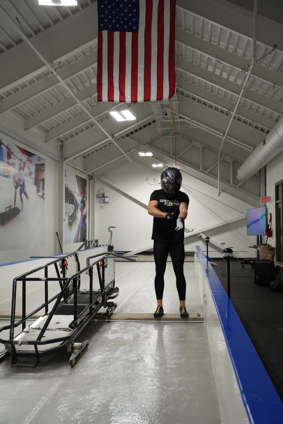 Nate Roy on a bobsled push track