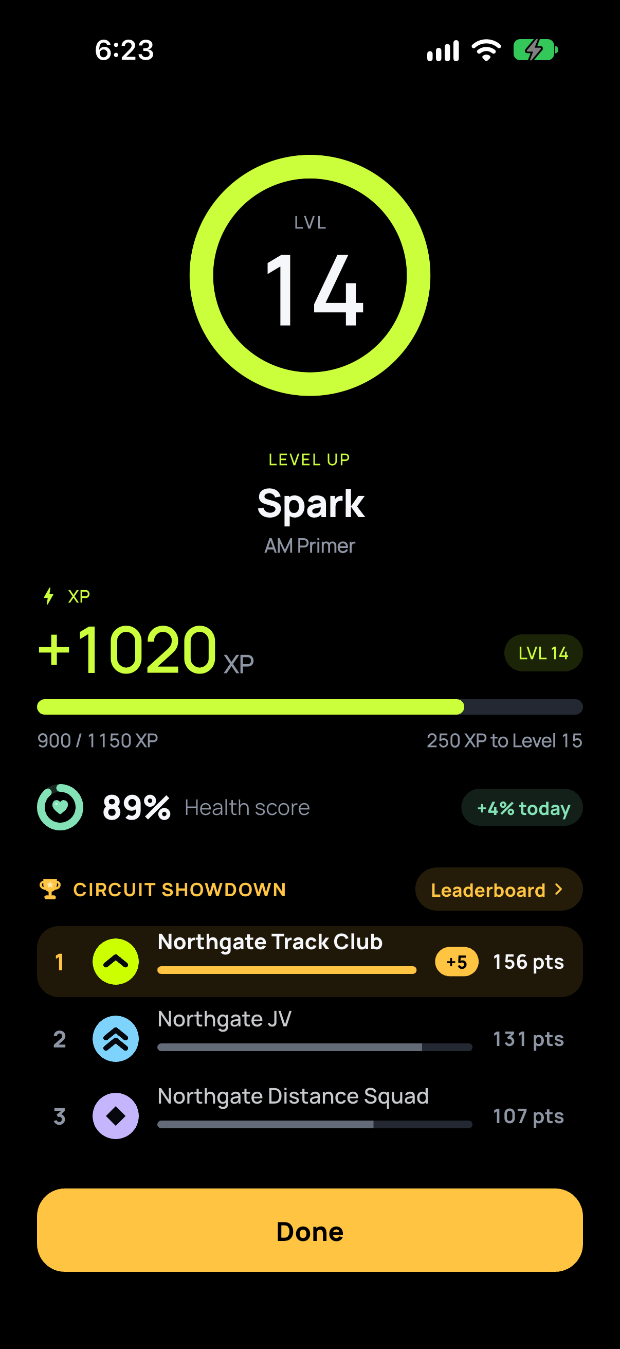 The AM Primer's completion screen in the CortexFlex app