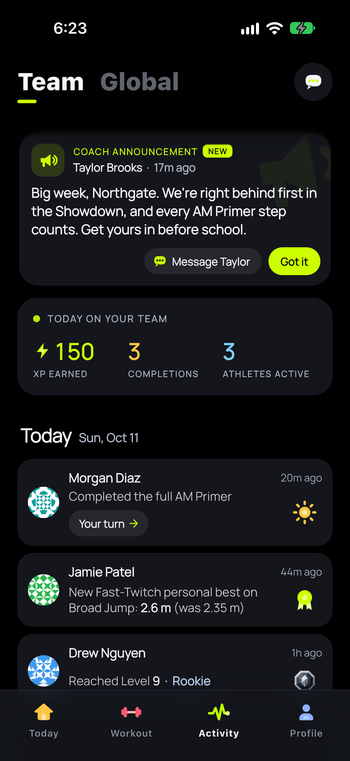 The team feed in the CortexFlex app: a full AM Primer, a personal best and a level up